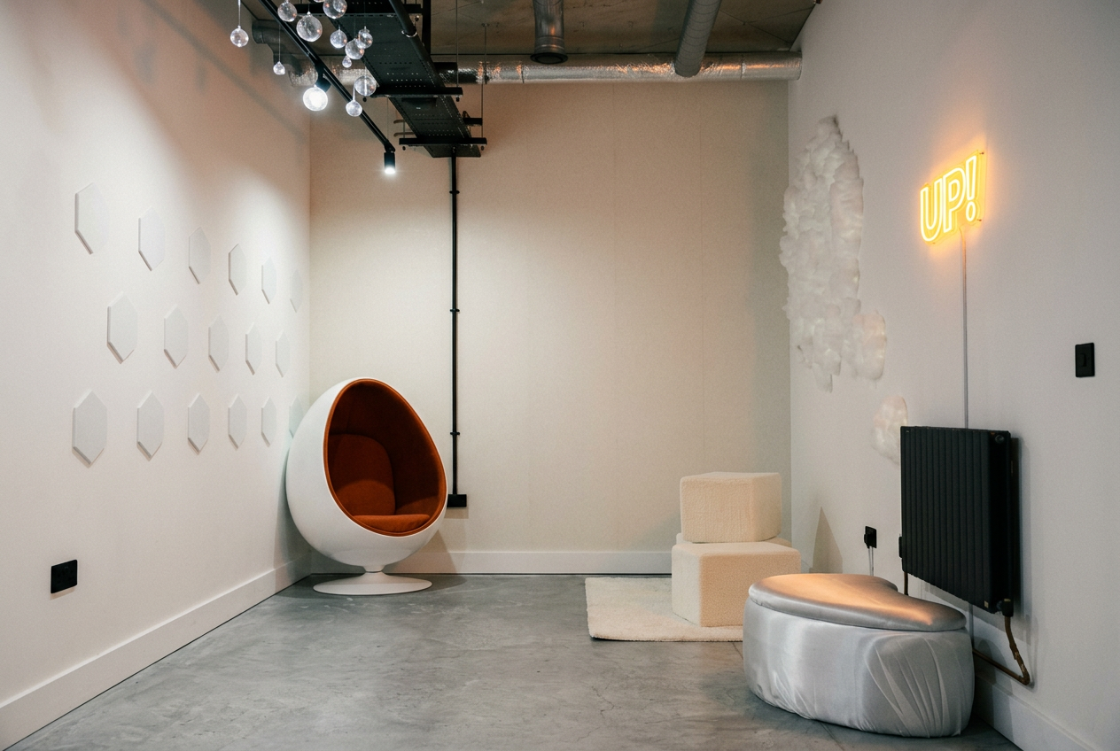 Egg chair and neon installation in the studio